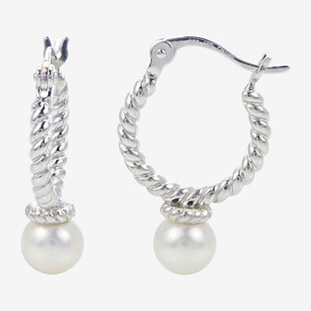 Genuine White Cultured Freshwater Pearl Sterling Silver 20mm Hoop Earrings