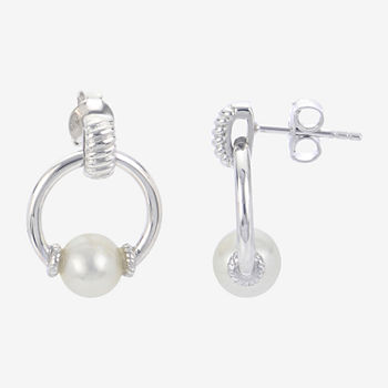 Genuine White Cultured Freshwater Pearl Sterling Silver 17mm Hoop Earrings