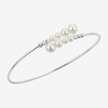 Genuine White Cultured Freshwater Pearl Sterling Silver Bangle Bracelet