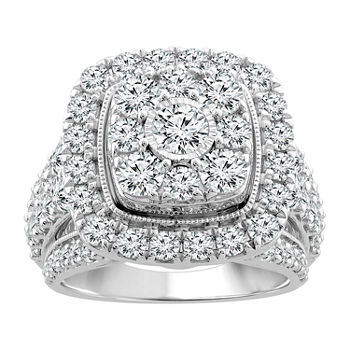 Womens 4 CT. T.W. Lab Grown White Diamond 10K White Gold Cushion Side Stone Halo Engagement Ring