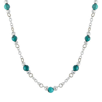 Womens Enhanced Blue Turquoise Sterling Silver Round Beaded Necklace
