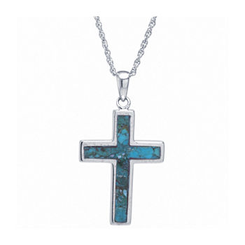 Womens Enhanced Blue Turquoise Sterling Silver Cross Pendant Necklace