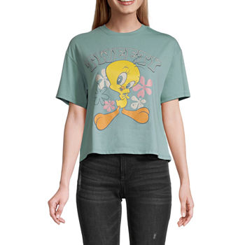 Juniors Tweety Womens Crew Neck Short Sleeve Looney Tunes Cropped Graphic T-Shirt