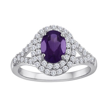Genuine Amethyst & Lab-Created White Sapphire Double Halo Ring in Sterling Silver