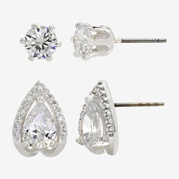 Sparkle Allure Pure Silver Over Brass 2 Pair Cubic Zirconia Pear Earring Set