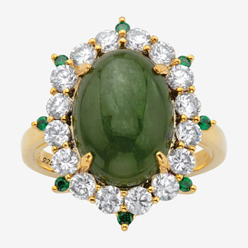 Womens Genuine Green Jade 18K Gold Over Silver Cocktail Ring