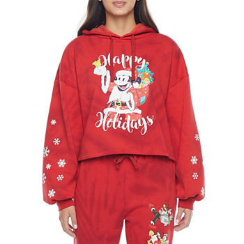 Happy Holidays Mickey Mouse Juniors Womens Long Sleeve Cropped Hoodie