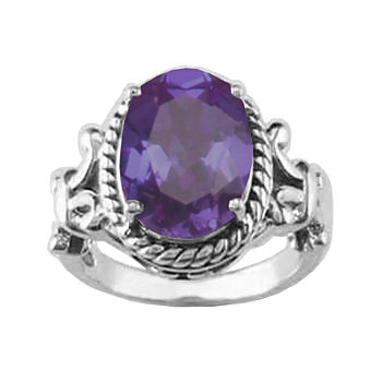 Genuine Amethyst Oxidized Sterling Silver Rope Ring