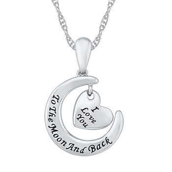 "I Love You" "To The Moon And Back" Womens 10K White Gold Heart Moon Pendant Necklace