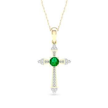 Womens Diamond Accent Genuine Green Emerald 10K Gold Cross Pendant Necklace