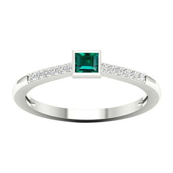 Womens Diamond Accent Genuine Green Emerald 10K White Gold Cocktail Ring