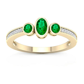 Womens Diamond Accent Genuine Green Emerald 10K Gold Cocktail Ring