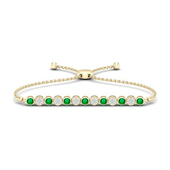 Diamond Accent Genuine Green Emerald 10K Gold Over Silver Bolo Bracelet