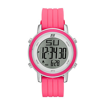 Skechers® Womens Silver Dial Neon Pink Silicone Strap Digital Watch