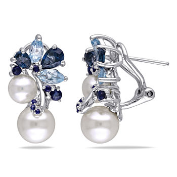 Cultured Freshwater Pearl, Genuine London and Sky Blue Topaz Earrings