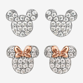 Disney Collection White Cubic Zirconia Sterling Silver Mickey Mouse Minnie Mouse 2 Pair Earring Set