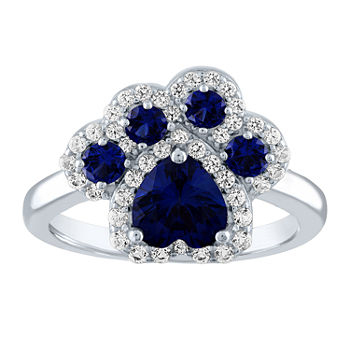 Paw Print Womens Lab Created Blue Sapphire Sterling Silver Cocktail Ring
