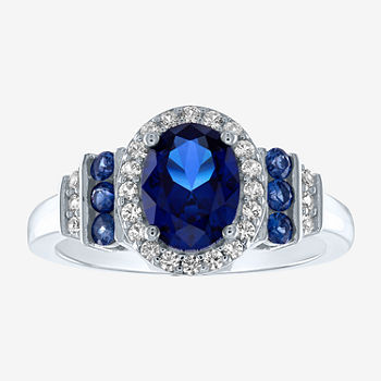 Womens Lab Created Blue Sapphire Sterling Silver Halo Cocktail Ring