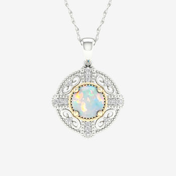Womens Lab Created White Opal 10K Gold Sterling Silver Pendant Necklace