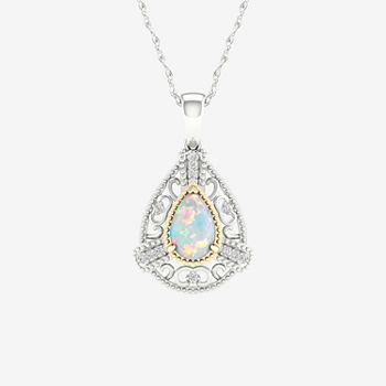 Womens Lab Created White Opal 10K Gold Sterling Silver Pendant Necklace