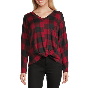 by&by Juniors Womens V Neck Long Sleeve Checked Pullover Sweater