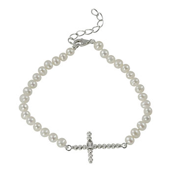 Cultured Freshwater Pearl Sparkle Bead Sideways Cross Bracelet
