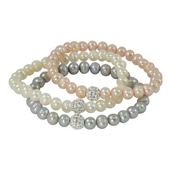 Sterling Silver Cultured Pearl & Crystal 3-pc. Bracelet Set