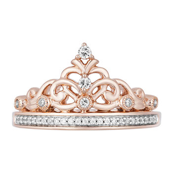 Enchanted Disney Fine Jewelry Womens 1/6 CT. T.W. Genuine White Diamond 10K Rose Gold Over Silver Crown Princess Cocktail Ring