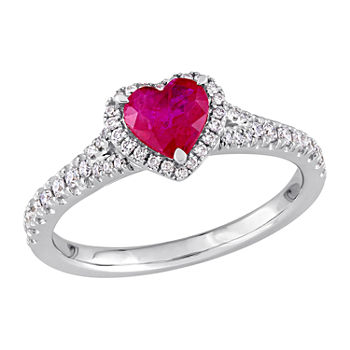 Womens 1/4 CT. T.W. Lead Glass-Filled Red Ruby 14K White Gold Heart Halo Cocktail Ring
