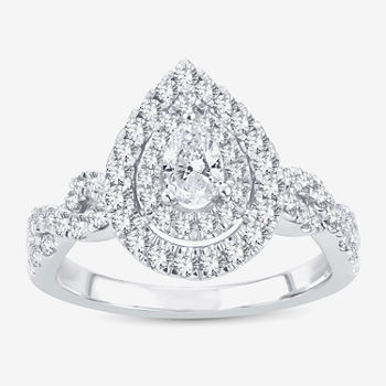 1 CT. T.W. Lab Grown Diamond Pear Shape Side Stone Halo Engagement Ring in 10K or 14K White Gold