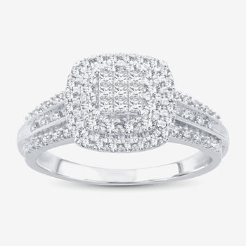 1/2 CT. T.W. Diamond Cushion Shape Side Stone Halo Engagement Ring in 10K or 14K White Gold