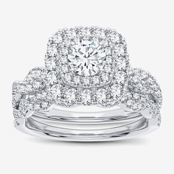 Signature By Modern Bride 1 CT. T.W. Diamond Cushion Shape Side Stone Halo Bridal Set in 10K or 14K White Gold