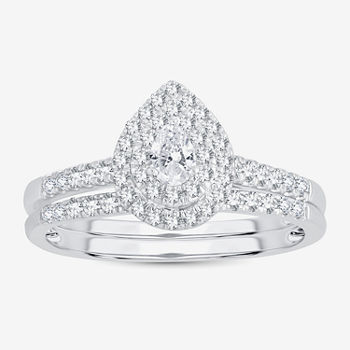 1/2 CT. T.W. Diamond Pear Shape Side Stone Halo Bridal Set in 10K or 14K White Gold