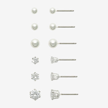 Mixit Silver Tone Crystal & Simulated Pearl Stud 6 Pair Earring Set