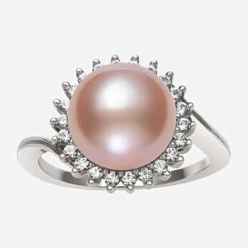 Womens 9-10MM White Cultured Freshwater Pearl Sterling Silver Halo Cocktail Ring