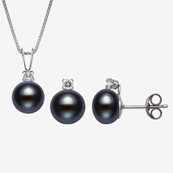 Dyed Black Cultured Freshwater Pearl Sterling Silver 2-pc. Jewelry Set