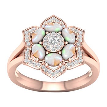 Womens Lab Created Opal 10K Rose Gold Over Silver Halo Cocktail Ring