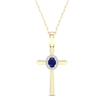 Womens Genuine Blue Sapphire 10K Gold Cross Pendant Necklace