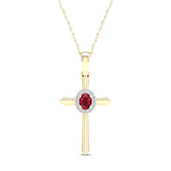 Womens Genuine Red Ruby 10K Gold Cross Pendant Necklace
