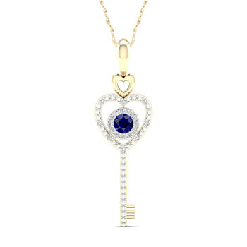 Womens Genuine Blue Sapphire 10K Gold Keys Pendant Necklace