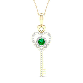 Womens Genuine Green Emerald 10K Gold Keys Pendant Necklace