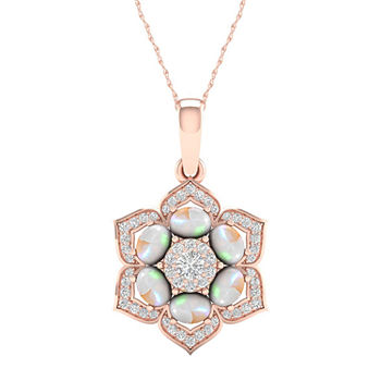 Womens Lab Created Opal 10K Rose Gold Over Silver Flower Pendant Necklace