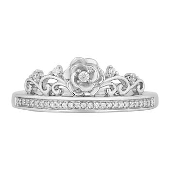 Enchanted Disney Fine Jewelry Womens 1/10 CT. T.W. Genuine White Diamond Sterling Silver Crown Cinderella Princess Cocktail Ring