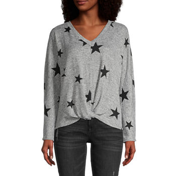 by&by Juniors Womens V Neck Long Sleeve Star Pullover Sweater