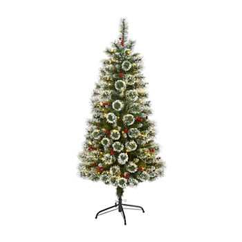 Nearly Natural 5ft. Frosted Swiss Pine Pre-Lit Flocked Artificial Christmas Tree With 200 Clear Led Lights And Berries