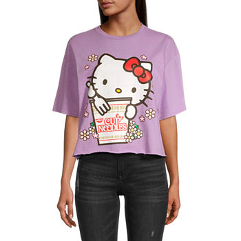 New World Juniors Cup Of Noodles Womens Crew Neck Short Sleeve Hello Kitty Graphic T-Shirt