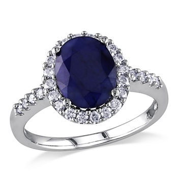 Modern Bride Gemstone Womens 3/8 CT. T.W. Genuine Blue Sapphire 14K Gold Oval Side Stone Halo Engagement Ring