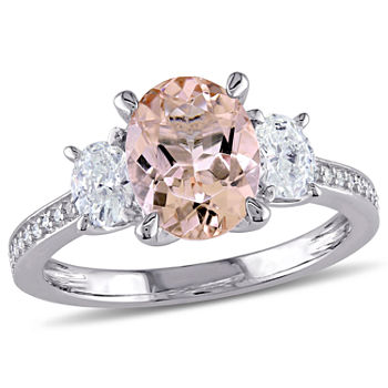 Modern Bride Gemstone Womens Genuine Pink Morganite 14K Gold Oval Square 3-Stone Halo Engagement Ring