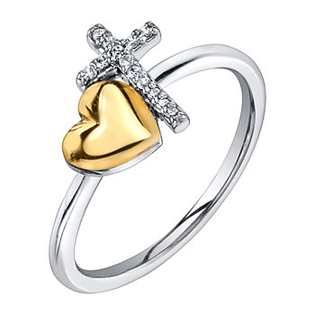 Footnotes Cubic Zirconia Sterling Silver Cross Heart Band