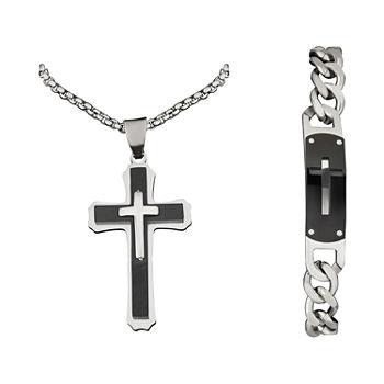 Mens 2-pc Stainless Steel Cross Necklace and ID bracelet Jewerly Set